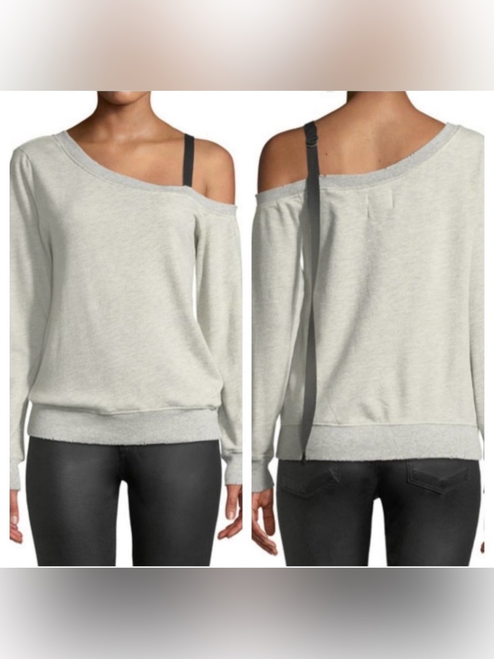 Pam & Gela D Ring Strap One Shoulder Sweatshirt XS Gray Distressed Edgy Chic
